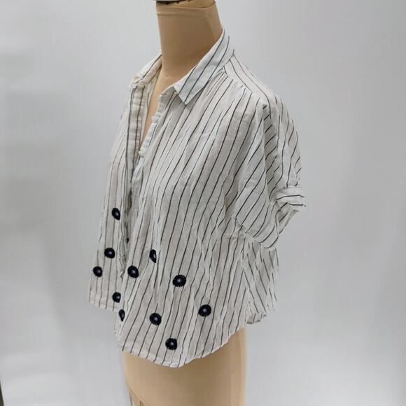 Sz S Madewell Striped Embroidered Button Up Blouse Top Short Sleeve white - Picture 6 of 16